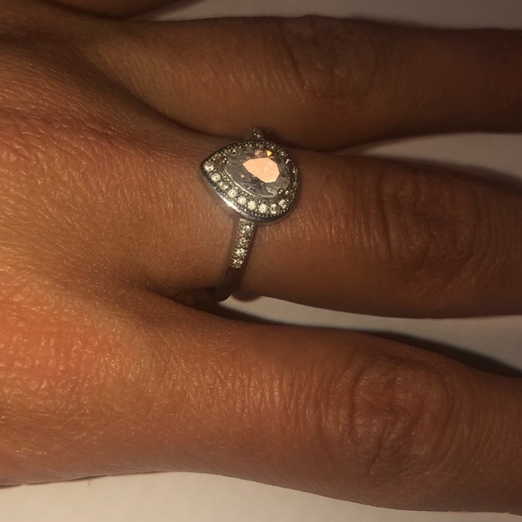 STERLING Silver Tear Drop / Pear Shape Halo Half Eternity Engagement Ring Sz 8 - Picture 7 of 9